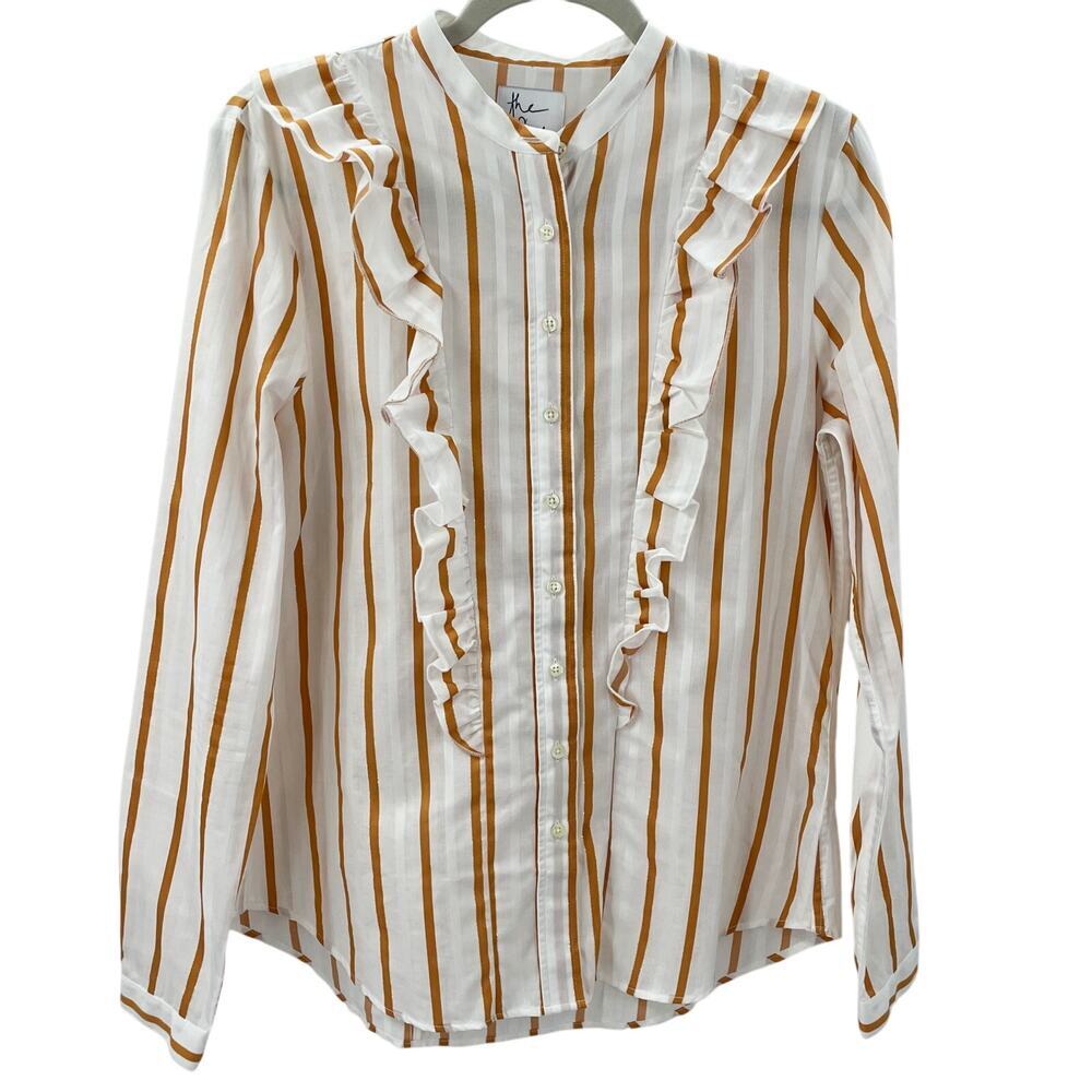The Shirt By Rochelle Behrens M The Ruffled Shirt White Gold Stripe Button Down